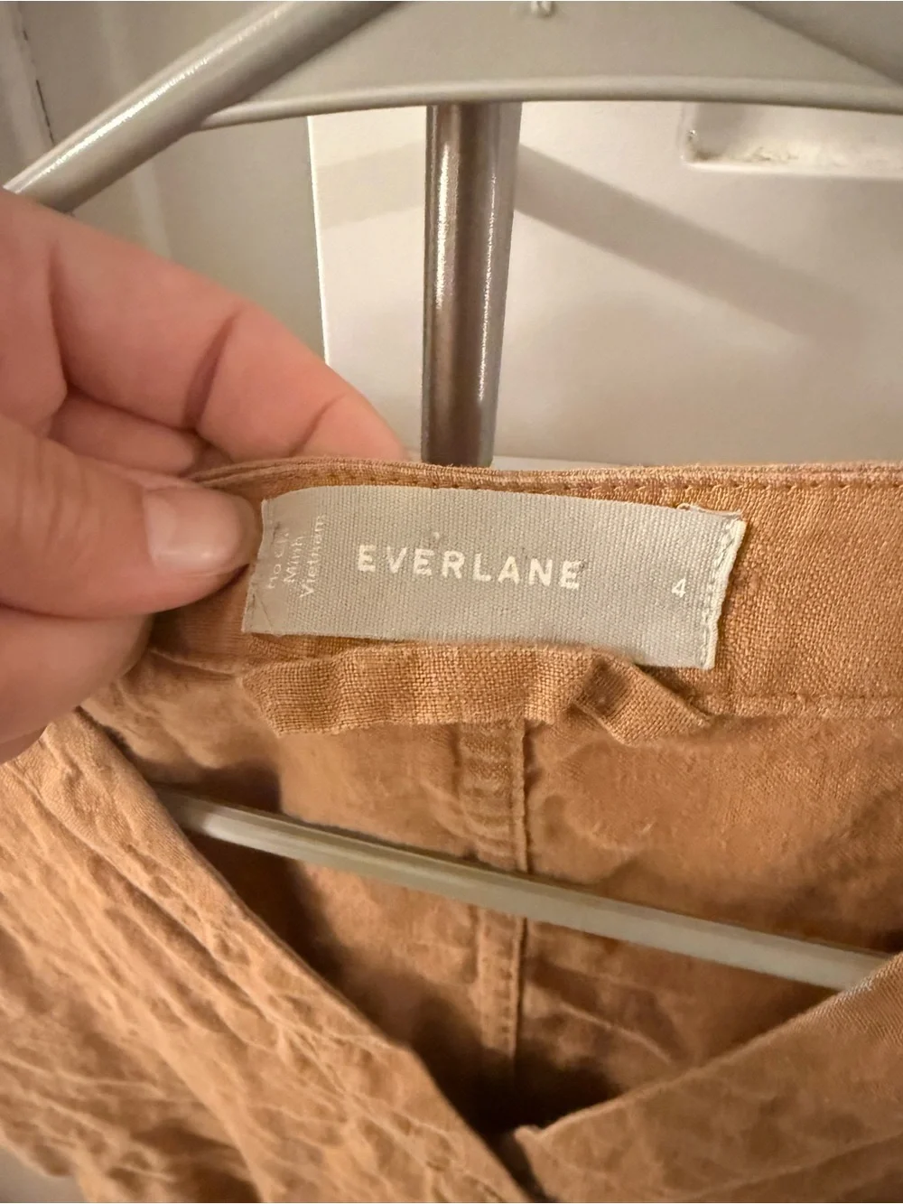 Everlane Short-Sleeve V-Neck Jumpsuit in Tan